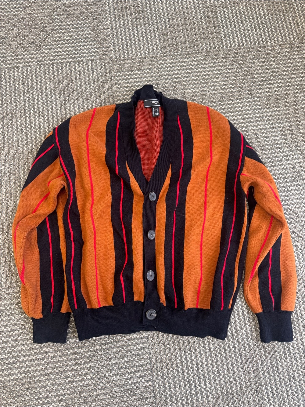 Forever 21 Men’s Orange Multicolored Striped Cardigan Sweater, size L
